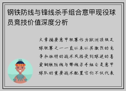 钢铁防线与锋线杀手组合意甲现役球员竞技价值深度分析