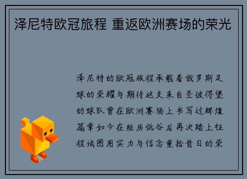 泽尼特欧冠旅程 重返欧洲赛场的荣光