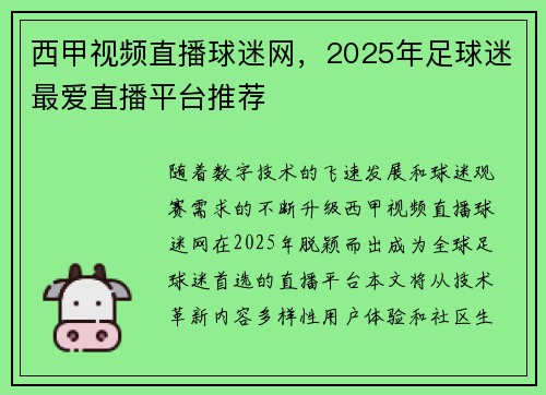 西甲视频直播球迷网，2025年足球迷最爱直播平台推荐